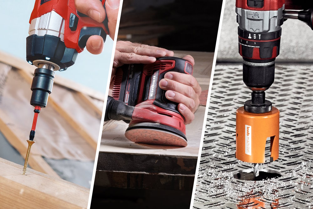 Drei Elektrowerkzeuge bei der Arbeit